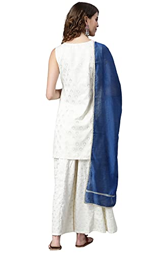 Image of Janasya Women's Off- White and Silver Poly Silk Kurti With Palazzo and Dupatta