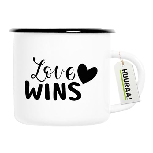 Huuraa Emaille Tasse Love wins Herz Geschenk 300ml Vintage Emaille Becher Love wins Geschenkidee