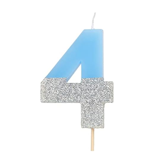 Horeca Collection Velas de cumpleaños con números 0, 1, 2, 3, 4, 5, 6, 7, 8, 9, 10, 18, 25, 30,40, 50 de color azul y glitter plata (Número 4)