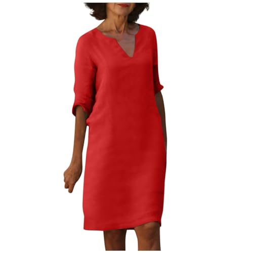 Tunic Dress for Women Linen V Neck 3/4 Sleeve Knee Length Boho Shift Over 50 60 Sundresses Spring Modest Dressy Everyday Midi Dresses Maternity Western Shirt Dress Pool Cover Up Fall Fashion