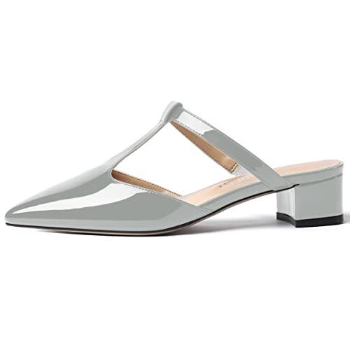 SHOWFOREST Women's Dating Pointed Toe Patent Dress T Strap Slip On Chunky Low Heel Pumps Shoes 1.5 Inch2