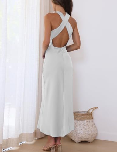 Image of Halfisland Womens Satin High Neck Backless Sleeveless Cocktail Midi Dress