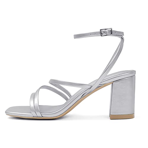 Image of LACUONE Strappy Heels for women Block Heels Square Toe Chunky Ankle Buckle Pump Heeled Sandals