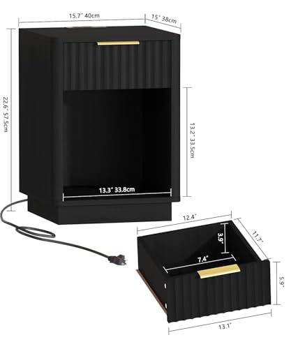 Akxomel Fluted Nightstand Set 2 Bedside Table with Charging Station Black - Image 3
