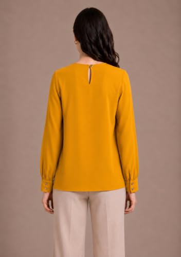 Image of Mirana Women's Full Sleeve Solid Top | Round Neck Pleated Front Regular Fit Office Casual Blouse with Button Cuffs