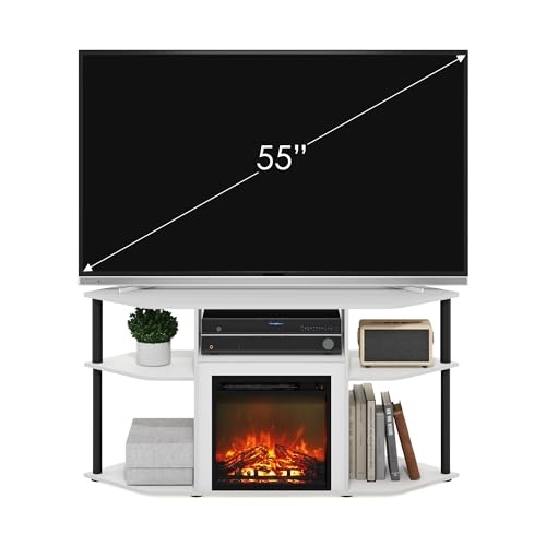 Image of Furinno Jensen Fireplace TV Stand, Corner Entertainment Center, TV Console for TV up to 55 Inch with Fireplace, Plastic Poles and Open Storage, for Living Room, Bedroom, Solid White