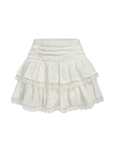 GORGLITTER Women's Lace Ruffle Mini Skirts Y2K Ruched Layered High Waist Flowy Short Skirt