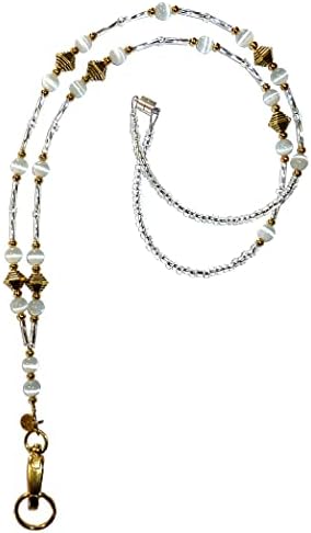 Hidden Hollow Beads Women's Beaded Lanyard 34 Inches, GOLD Super Slim White - Breakaway
