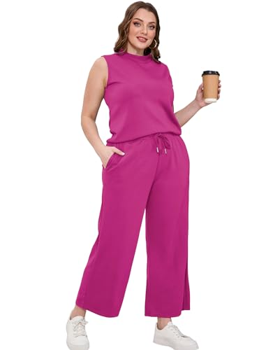 Image of SAMPEEL Two Piece Sets for Women Summer Outfits Lounge Sets Mock Neck Tops Wide Leg Crop Pants Vacation Travel Outfits