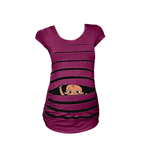 Luckywaqng Maternidad lindo divertido bebé estampado rayas manga corta camiseta embarazada tops blusas tallas grandes, morado, XXL