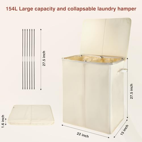 Voova 154L Large Collapsible Laundry Hamper with Dividers, Handles, Beige