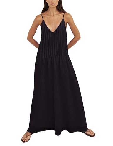 Image of Anoumcy Summer Pleated Maxi Dresses for Women 2026 Spaghetti Strap V Neck Vacation Beach Long Flowy Boho Sundress
