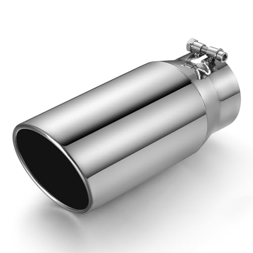 Image of Exhaust Tip 4 inch Inlet 5 inch Outlet 12 inch Long, High Performance Stainless Steel, Rustproof Polished Finish, Rolled Angle Cut, Bolt-On Diesel Tail Pipe, Universal for Car Truck