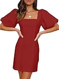Misng Women's Square Neck Short Puff Sleeves Mini Dresses Stretch Slim Casual Dress with Zipper Red
