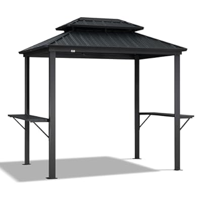 PURPLE LEAF 6' X 8' Hardtop Grill Gazebo for Patio Permanent Aluminum Barbeque Shelter Gazebo Canopy with Ceiling Hook and Shelves Double Tiered Grey Outdoor BBQ Gazebo