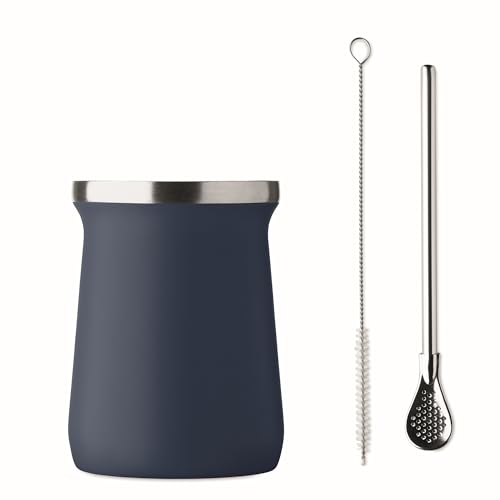 Vaso Yerba Mate de doble pared, 240 ml, hecho de 90% acero inoxidable reciclado, incluye bombilla de acero inoxidable y cepillo de limpieza, vaso térmico para té mate, taza sostenible en 4 colores