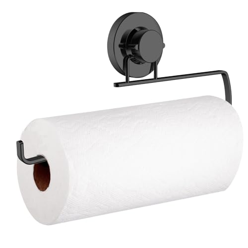 Poywaze キッチンペーパーホルダー 吸盤 キッチンペーパーホルダー 片手で切れる ステンレス鋼 タオル掛け 冷蔵庫 台所 キッチン 収納、海外製の大判タイプにも対応 約W29×D3.5×H13cm ブラック