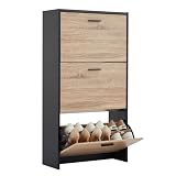 CASABEL Scarpiera moderna 3 ante a ribalta, contenitore per scarpe 18 paia, legno chiaro e nero, mobile in legno, dimensioni L60xP24xH113 cm, grande capacità, facile da installare