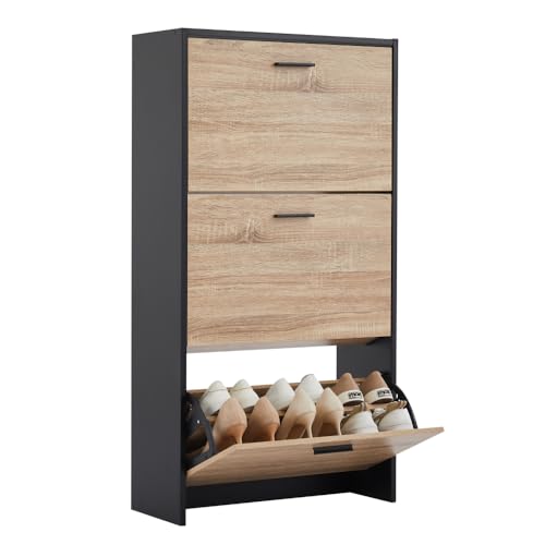 CASABEL Meuble à Chaussures Moderne 3 Abattants - Rangement Chaussures 18 Paires - Bois Clair et Noir - Meuble en Bois - Dimensions L60xP24xH113 cm - Grande...