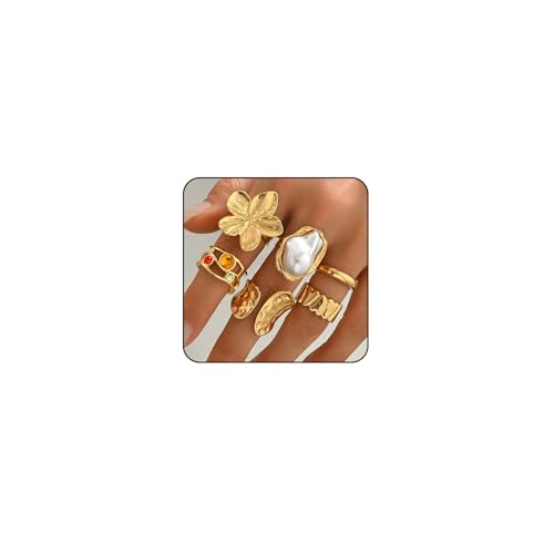 ONBRIG Gold Rings for Women Adjustable Chunky Gold Rings Set Vintage Wide Colorful Flower Stackable...
