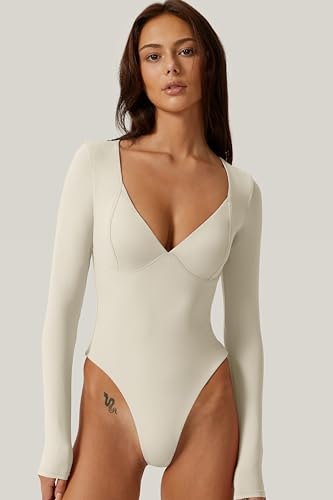 Image of QINSEN Women's Long Sleeve Bodysuit V Neck Body Suits Seamed Cup Going Out Tops Shirt
