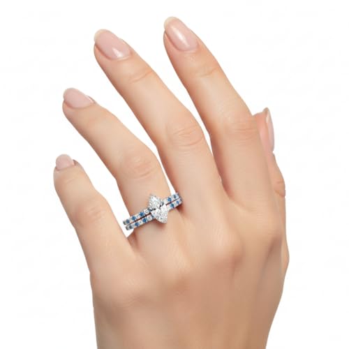 Image of Choose Your Gemstone Three Quarter Diamond CZ Gallery Bridal Ring Set 925 Sterling Silver Marquise Shape Wedding Ring Sets for WomenUS Size 4 to 12