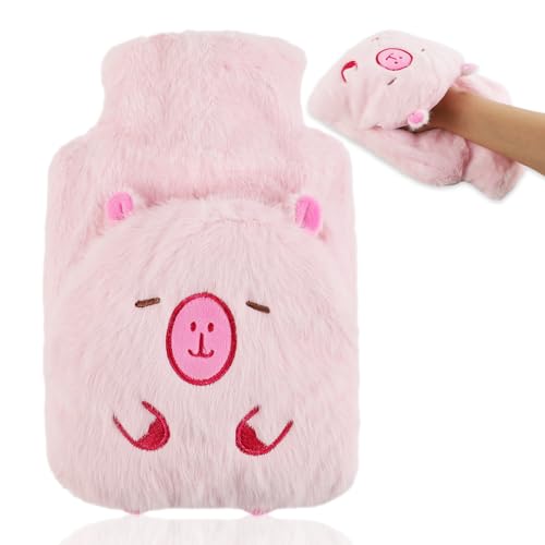 Lvjkes Bolsa agua caliente, 1L Bolsa agua caliente niños peluche con tapa, Extraíble para su limpieza, Prueba de explosiones y fugas, Apta para niños y adultos, Rosa (Vertical)