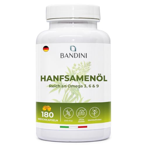 Bandini® Hanföl 1000mg pro Weichkapsel | 180 Softgel-Kapseln | Kaltgepresst Hanfsamenöl für 6-Monats-Vorrat | Reich an Omega 3, 6 und 9 | ALA, Linol- und Ölsäure | 1 Softgel pro Tag | Hemp Seed Oil