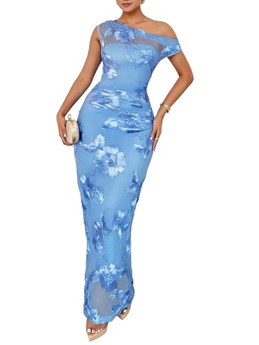 Figdaw One-Shoulder Ruffle Floral Sequin Evening Dress for Women 2026 Wedding Guest,Formal Cocktail,Prom & Party Gown,Slim Fit Mermaid Silhouette,Lace Applique,Light Chiffon Lining(Blue,M,7670)