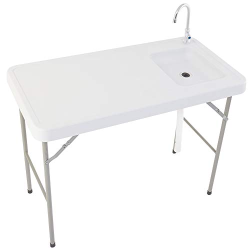 FORUP Portable Folding Table Fish Fillet Hunting Cleaning Cutting Camping Picnic Outdoor Gardening Table with Sink Faucet (White)