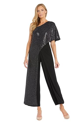 R&M Richards Women's One-Shoulder Metallic Sequin Capelet Jumpsuit W/Draped Asymmetrical Overlay | Chic Evening Party Style