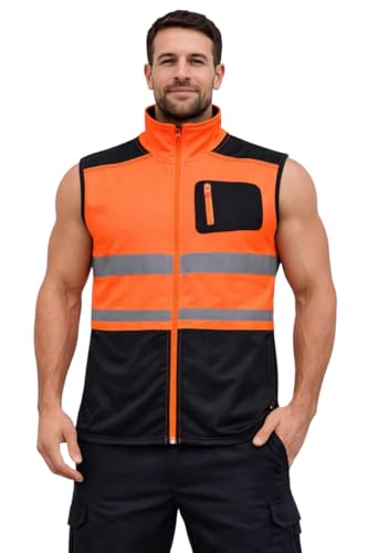 Image of Hi Vis Softshell Bodywarmer Gilet for Men – High Visibility Reflective Safety Vest Waterproof Windproof Workwear Jacket with Zip Pockets for Outdoor (UK, Alpha, L, Regular, Regular, Orange Black)