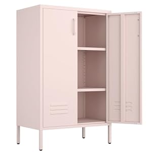 Storage Cabinet,2 Doors Locker Cabinet with Legs,Entryway Cabinet with Adjustable Shelves,Metal Locker Storage Cabinets for Office,Classroom,Bedroom,Pink