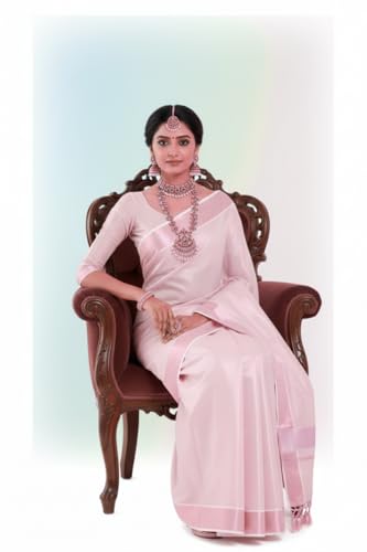 Image of Women's Kerala Tissue Plain Saree with Running Blouse| Onam & Vishu Kani Special | Traditional Kasavu White Colour