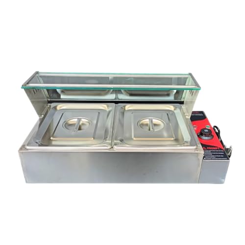 Image of Shoppers Hub PNQ 2000W Electric SS Bain Marie with Glass & Two Compartments of 1 /2 GN Pan | Food Warmer Steamer (GN Pan:Length - 325mm, Breadth - 265mm, Depth-100mm, Each GN Pan Capacity-5.5L)