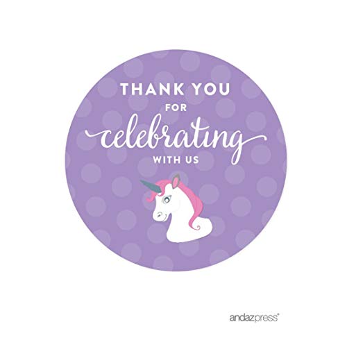 Andaz Press Birthday Round Circle Labels Stickers, Thank You for Celebrating with Us, Unicorn, 40-Pack, for Gifts and Party Favors