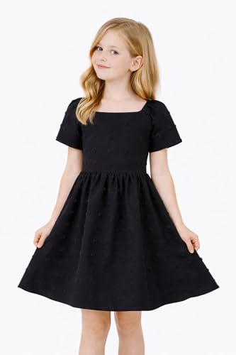 Image of HILEELANG Girls Summer Dress Bow Tie Back A-Line Party Dress for Little Big Girls Short Sleeve Dress with Lining 6-12 Years