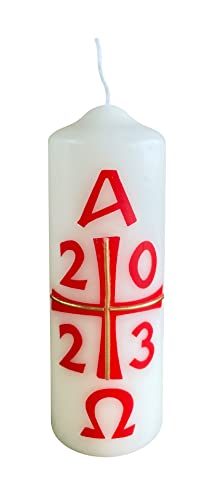 Osterkerzen 15 x 5 cm mit Jahreszahl 2023, Kreuz, Alpha-Omega Cover