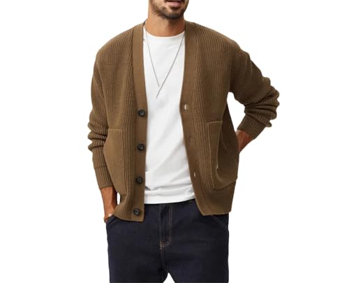 Men's Knitted Cardigan Sweater Casual Loose Large Size Knitted Sweater Cardigan Lightweight V Neck Outerwear Coffee