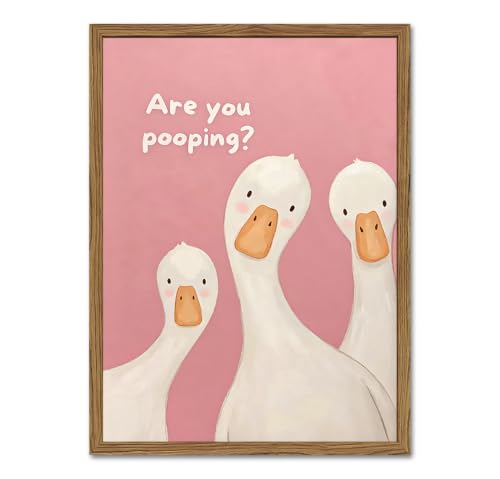 Are You Pooping Goose Bathroom Wall Art Funny Duck Quote Sign Wall Decor Picture Cute Animal Poster Canvas Painting Print for Restroom Toilet 12x16 inch Wood Framed