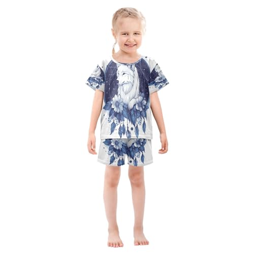 senya Short Sleeve Pajamas Sets Summer Cotton Sleepwear Navy Blue Feather Dreamcatcher Wolf3