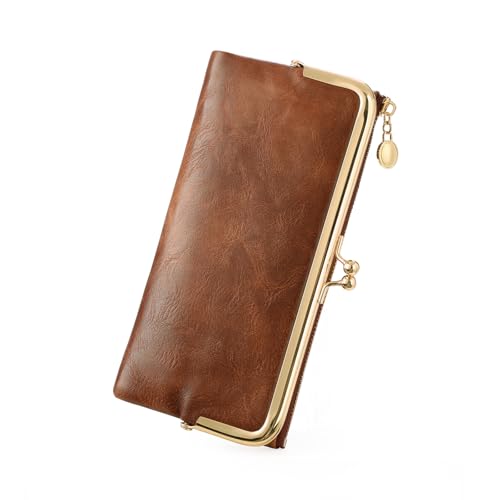 GOIACII Womens Wallet Ladies Vintage Billfold Compact Card Holder Long Zip Clutch Purse with Kiss Lock Brown