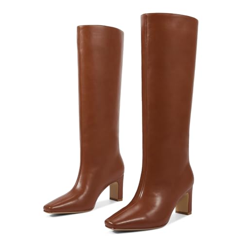 wetkiss Straight Leg Knee High Boots for Women Regular Calf Friendly Square Toe Faux Leather Crocodile Print Mid Heel Comfortable Boots2