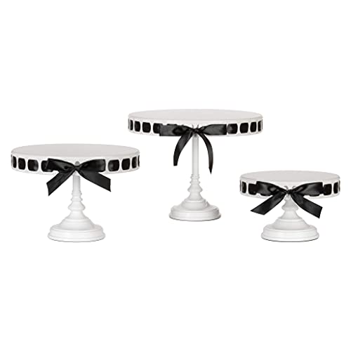 Amalfi Decor Cake Stands, Round Metal Pedestal Holder with Ribbons, White, Set of 3