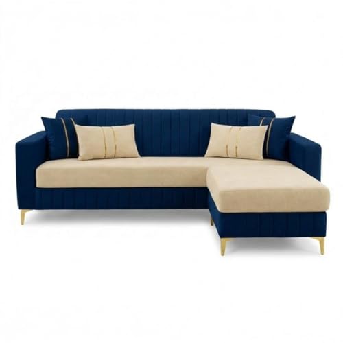 Image of CASASTYLE Noviq 4 Seater L Shape Sofa Set with Movable Ottoman | Flexible Left or Right Layout | Cozy Velvet Fabric | Soft Touch Seating | Modern Designer Sofa for Living Room (Dark Blue-Cream)