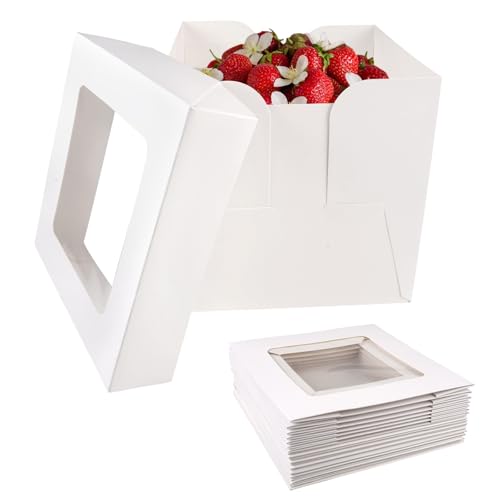 Orixo Cajas para Tartas 20x20x20 cm, Caja Blanca de Cartón con Tapas y Ventanas, Ideal para Cumpleaños y Fiestas