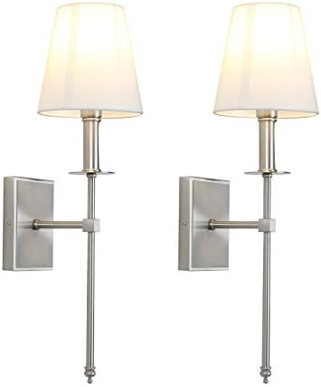 PERMO Set of 2 Classic Rustic Industrial Wall Sconce Lighting Fixture with Flared White Textile Lamp Shade and Brushed Tapered Column Stand, Hardwired, E26 Base