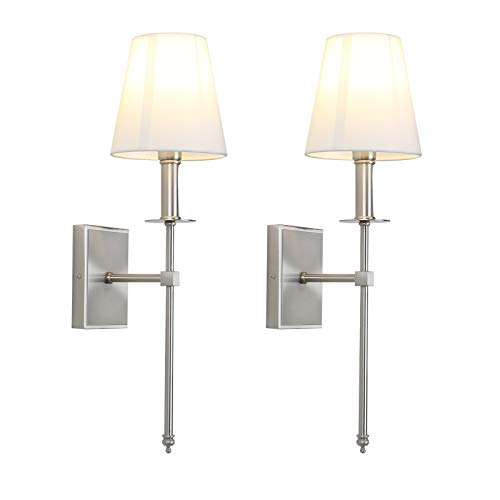 Flash Deals - 50% OFF Permo Set of 2 Classic Rustic Industrial Wall Sconce Lighting Fixture with Flared White Textile Lamp Shade and Brushed Tapered Column Stand
