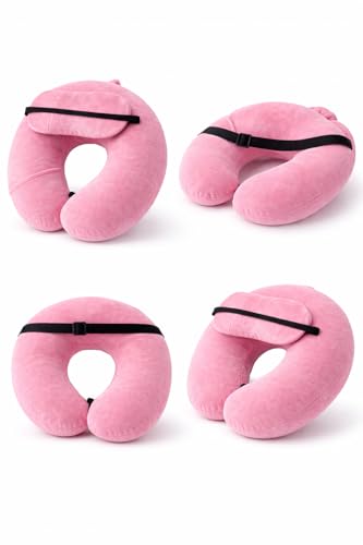 Image of Pink Travel Neck Pillow with Button Closure & Eye Mask Set | Soft Fiber Filled U-Shape Head & Neck Support Cushion for Airplane, Car & Office Use | Button Closure (Pink)