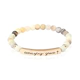 RIAH FASHION Cross Metallic Bar Beaded Stretch Bracelet - Religious Christian Strand Natural Stone, Sparkly Crystal Prayer Cuff Bangle (Amazing Grace - Amazonite)